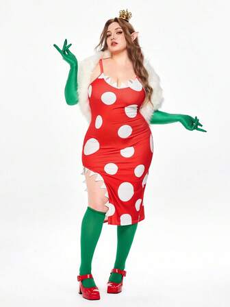 ROMWE Avant Große Größen Halloween Polka Punkt Fleischfressende Pflanze Kostüm Kleid, Herbst Frauen Große Größen Party Cosplay Outfit Halloween Fleischfressende Pflanze Kleid, Große Größen Feiertags Party Cosplay Kleid