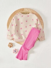 Cozy Pixies 2 件装女婴花卉印花圆领插肩运动衫和紧身裤套装 - 玫紅色 - 查看 2