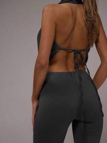 MUSERA Áo croptop cổ chữ V xẻ sâu, buộc dây sau, gợi cảm dành cho nữ, thích hợp đi chơi đêm, dự lễ hội Ibiza, kỳ nghỉ, du lịch, áo kiểu dễ thương, thích đi dự tiệc, tiệc tùng, phong cách miền Tây, đi chơi đêm, câu lạc bộ, thanh lịch, tiệc tùng, mùa xuân, mùa hè - Màu xám đen - Xem 3