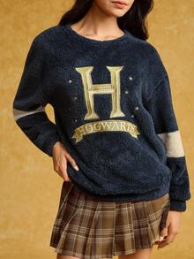 HARRY POTTER X SHEIN 女式字母刺绣拼色圆领长袖运动衫 - 藏蓝色 - 查看 1