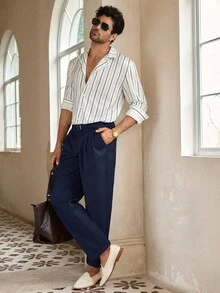 HIMLAND Men's Casual Solid Color Carrot Pants With Belt Decoration