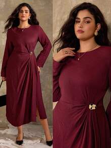 Roveilla Đầm maxi xẻ tà cổ tròn màu trơn thanh lịch tối giản cỡ lớn dành cho nữ, có chi tiết trang trí bằng kim loại, phù hợp mặc nơi công sở, thường ngày, đi nghỉ, tiệc tùng, xuân/hè - Màu Tím - Xem 10