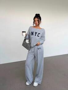 Aloruh 女士宽松舒适百搭露肩纽约字母印花休闲两件套，适合街头、户外和机场穿着 - 灰色 - 查看 7