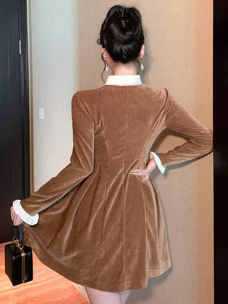 Elegant Contrast Color Ribbon Collar Mid-Length Dress For Women, Autumn