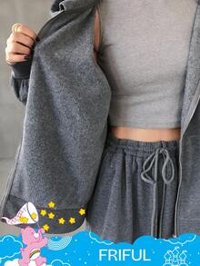 SHEIN X Care Bears FRIFUL 女士秋季水钻印花落肩宽松保暖连帽拉链衫和阔腿裤两件套家居服套装