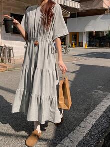 DAZY 女士休闲日常通勤简约纯色收腰层叠下摆连衣裙，夏季吊带裙 - 灰色 - 查看 9