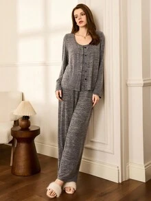 女士简约休闲舒适拉绒三件套睡衣套装女士家居服套装女士家居服套装，秋季服装，舒适服装