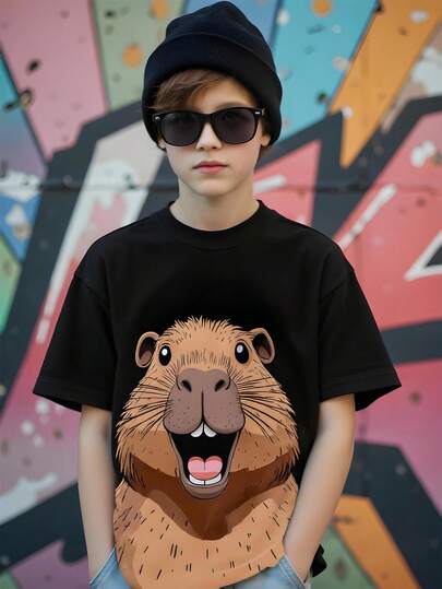 SHEIN Tween Boy Casual Fashion Creative Cartoon Capybara Printed Short Sleeve Tee, Basic Comfortable Style Young Boys T Shirts Teen Boy Clothes T Shirt T Shirt For Teenager Teen Boy Clothes Teen Boys T Shirts Youth Boy Tshirt Youth Boys Shirt Young Teen Boys T Shirts For Kids T Shirts For Kids Cartoon Cute 1