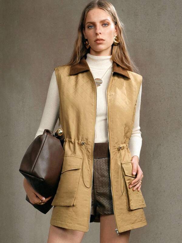 Revavyn Revavyn Women's Quilted Fabric Lapel H-Shaped Waist Drawstring Sleeveless Vest,Shades Of Brown,Autumn,Casual,Occasion Business Daily Commuting Zipper Design