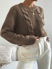 Chiquease Cable Knit Drop Shoulder Sweater,Long Sleeve Tops Knit Pullover Fall Winter Outfit - Khaki - View 6