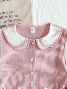 SHEIN Set de 2 bucăți pentru fete, casual, culoare solidă, contrastant, bluză cu mânecă lungă și pantaloni, pijamale pentru casă - Roz - Vizualizare 6