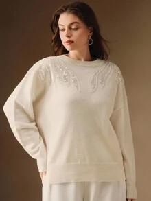 Anewsta Áo kiểu nữ thanh lịch đính sequin họa tiết cánh chim, màu trắng, thích hợp cho tiệc Giáng sinh, đêm giao thừa, cỡ lớn. - Màu be - Xem 4