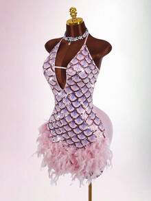 Amplova 深 V 领挂脖亮片与毛茸茸拼布紧身迷你连衣裙 - 粉色 - 查看 6