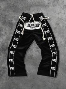 ROMWE MEN Prep Men's Sweatpants With Applique Embroidery, Drawstring, Street Style American English Print - Black - View 1