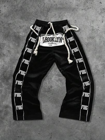 Street Life Pantalon de survêtement pour hommes avec appliqué brodé, cordon de serrage, style de rue avec imprimé en anglais américain