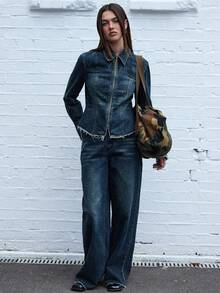 COUREZ Áo sơ mi denim dài tay có khóa kéo, màu xanh bẩn, kiểu dáng Y2K, thời trang nữ mùa thu, áo kiểu dễ thương, áo đi chơi, áo mùa đông, áo kiểu sành điệu - Màu xanh lam - Xem 7