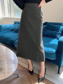 DAZY Damen einfarbiger gerader Rock, elegant für den täglichen Arbeitsweg - Grau - Übersicht 1
