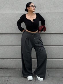 Dazy Plus Quần dài công sở dáng rộng ống đứng kẻ sọc cỡ lớn cho nữ, trang trí dây rút, thường ngày, thu đông - Màu xám đen - Xem 5