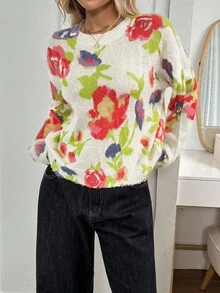 SHEIN LUNE 休闲花卉印花落肩宽松针织毛衣，秋冬 - 米色 - 查看 6