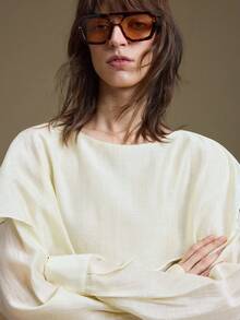 Ontre 优雅风格，简约设计，包含亚麻、醋酸纤维、天丝面料，奶油黄色，长袖，船领，双层领口，宽松版型，女式 T 恤，女式上衣，秋季服装，日常穿着，休闲装，商务休闲装 - 奶油色 - 查看 6