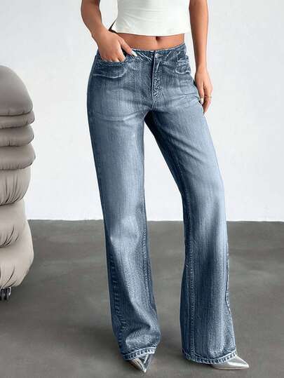 EURMUSE Low Waist Vintage Wash Slant Pocket Casual Flare Jeans