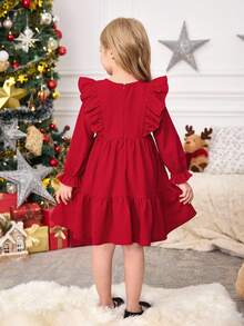 SHEIN Váy len tay bồng nhún bèo màu trơn cho bé gái - Đỏ - Xem 8