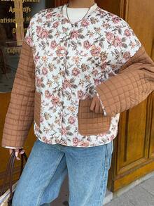 SHEIN Unity Áo khoác chần bông cổ tròn tay dài in họa tiết tương phản cổ điển dành cho nữ, mặc thường ngày và ngày lễ, mùa thu/đông - Nhiều màu - Xem 5