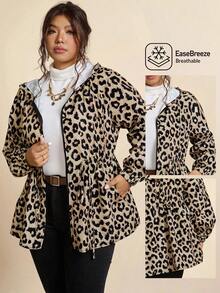 SHEIN LUNE 大码女式豹纹长袖拉链连帽外套 豹纹印花外套 女式豹纹连帽外套 女式轻薄豹纹外套 动物纹外套 女式动物纹外套 大码动物纹风衣 豹纹印花外套 大码豹纹风衣 大码雨衣 棕色连帽拉链外套 女式拉链连帽衫 女式冬季女装 感恩节女装 - 彩色 - 查看 5