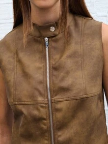 COUREZ Faux Leather Zip Up Vest /Y2k Cute Tops Going Out Top Spring Jacket - Brown - View 3