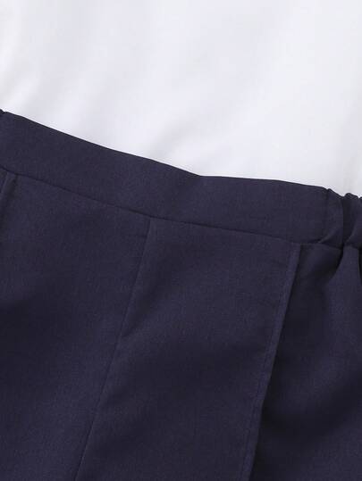 SHEIN Tween Girls' T-Shirt Set, White Top With Stylish Collar, Paired With Black Striped Trim And Black Flare Pants, Summer Vacation