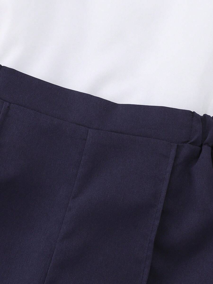 Tween-Mädchen T-Shirt-Set, weißes Oberteil mit stylischem Kragen, gepaart mit schwarz gestreifter Taillenkrawatte und schwarzer Schlaghose, Sommerurlaub - Rot - Übersicht 1