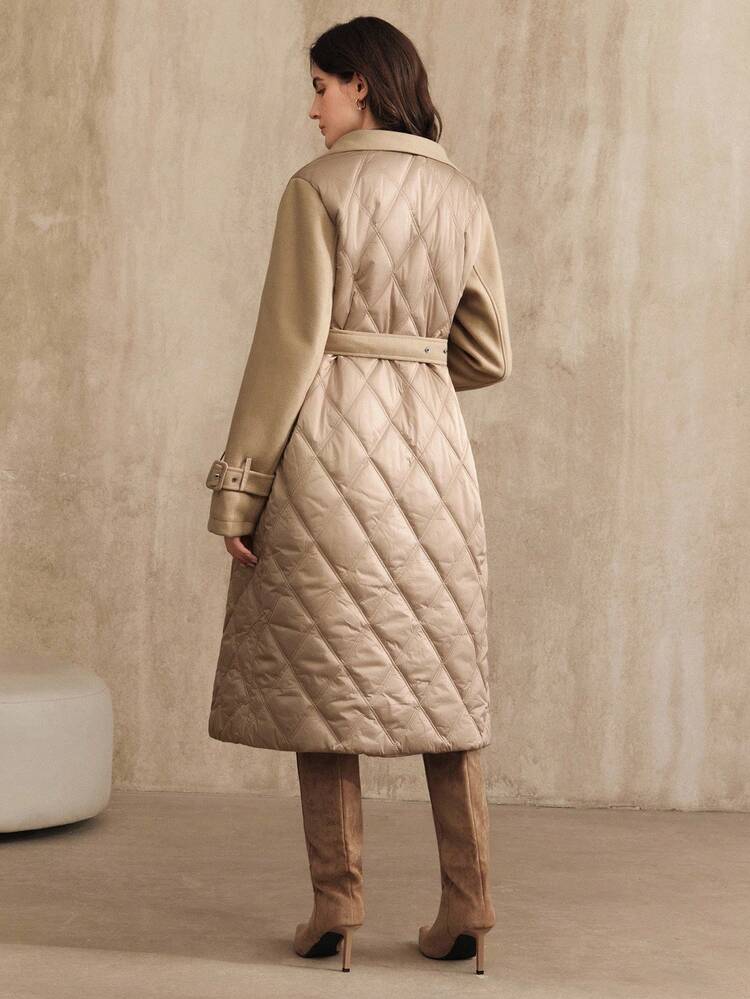 Casaco Acolchoado Médio com Cinto e Retalhos Feminino, Adequado para Outono, Inverno, Saída, Elegante, Formal, Festa, Chique, Ano Novo, Natal, Trabalho, Formatura, Casamento