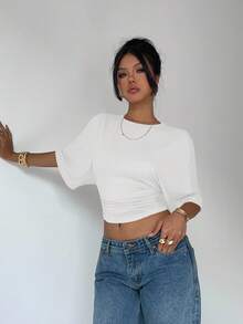 Aloruh Casual Solid Color Batwing Sleeve Cropped T-Shirt, Summer,White Shirt - White - View 7