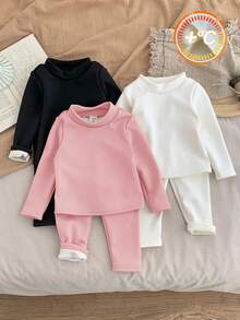 SHEIN LMoss Kids Bộ 6 món áo thun dài tay cổ lọ màu trơn dễ thương cho bé gái và quần dài cạp chun, thời trang thu đông - Nhiều màu - Xem 8