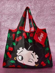 Betty Boop x SHEIN 1 pieza Bolsa de compras plegable con figura de dibujo animado linda, bolso de mano con bolsillo desmontable en cadena, juguetón, cereza, ideas de regalo, fiesta, vacaciones, Día de San Valentín - Negro - Ver 2