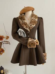 Sweetra Áo khoác cổ chữ V họa tiết da báo dành cho nữ, Thu/Đông - Cà phê nâu - Xem 1