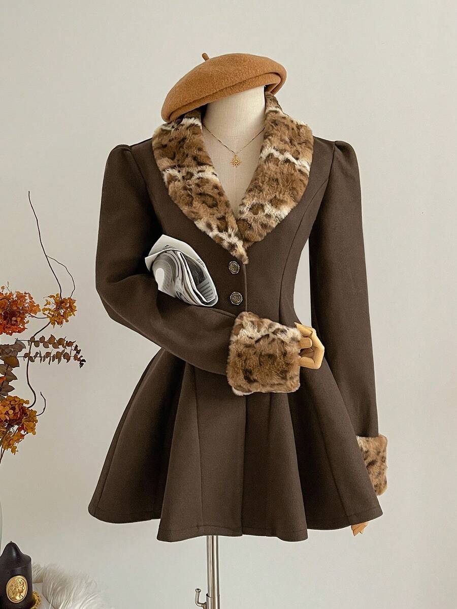 Sweetra Áo khoác cổ chữ V họa tiết da báo dành cho nữ, Thu/Đông - Cà phê nâu - Xem 1