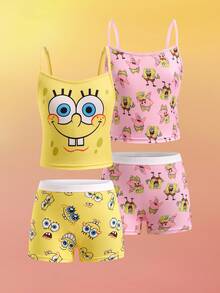 SpongeBob SquarePants | SHEIN 4pcs TPink & Yellow Cute Cartoon Print Cami Top & Shorts Lingerie Undershirt Set , Kawaii,Y2K,Cute,Sweet Fall Winter Girls Cute Set