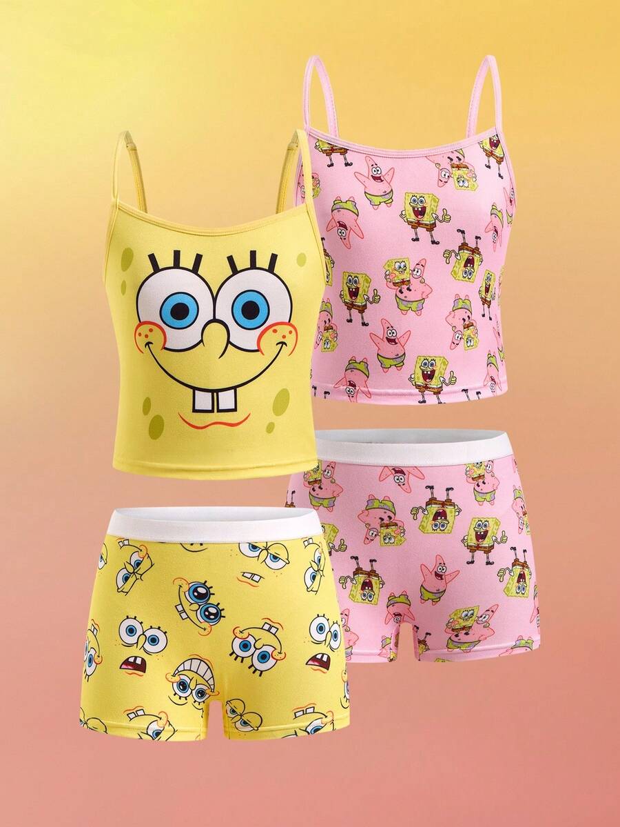 SpongeBob SquarePants | SHEIN 4pcs TPink & Yellow Cute Cartoon Print Cami Top & Shorts Lingerie Undershirt Set , Kawaii,Y2K,Cute,Sweet Fall Winter Girls Cute Set