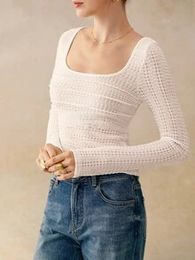 INAWLY Blusa de punto ajustada con espalda calada y lazo de mujer de unicolor - Blanco - Ver 2