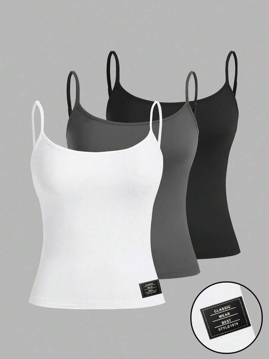 SHEIN EZwear 3 件套女士休闲吊带背心套装,带贴纸图案,夏季百搭修身背心 - 彩色 - 查看 1