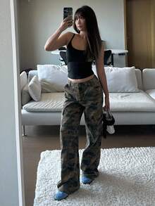 DAZY Quần Cargo ngụy trang cổ điển Mỹ, ống đứng rộng rãi, nhiều túi, quần jeans nữ, quần jeans nữ, quần jeans thường ngày, quần jeans nữ - xanh quân đội - Xem 4