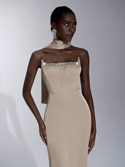 Elitara Elegant Mustard Yellow Minimalist Strapless Neckline Handmade Ombre Crystal Decor Fish Tail Dress (Detachable Hanging Sequin), Suitable For Dates, Vacations, Weddings, Formal Events