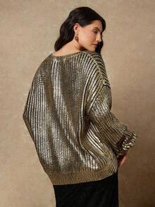 Freevana Plus Size Fall Winter Christmas Party Chic Casual Office Fairycore Alt Sweater, Going Out Y2K Old Money Style Rave Halloween Western Birthday Boho Chic Airport Vintage Foil Sweater Golden