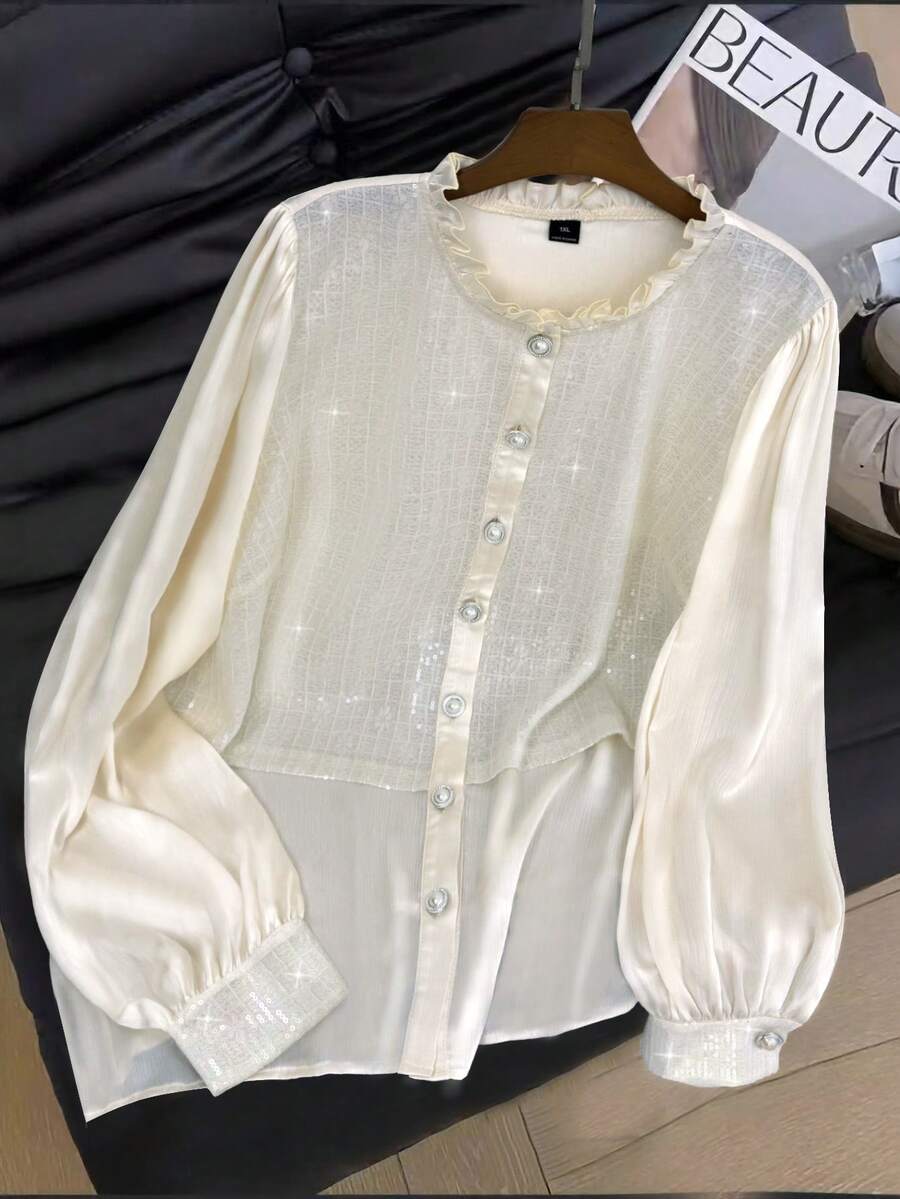 SHEIN Clasi Áo sơ mi dệt dáng rộng, đơn giản và thời trang dành cho nữ đi làm vào mùa thu - Màu be - Xem 1