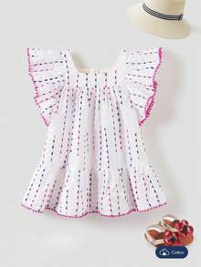 Joliand Joliand 1 pieza Vestido blanco suelto con volantes y ribete de encaje floral fucsia elegante y urbano para bebé niña, adecuado para uso diario casual, viajes, playa, reuniones, fiestas, verano - Blanco - Ver 1