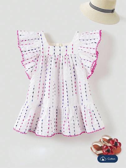 Joliand Joliand 1 件女婴优雅都市可爱紫红色花卉蕾丝花边荷叶边宽松白色连衣裙，适合休闲日装、旅行、海滩、聚会、派对、夏季