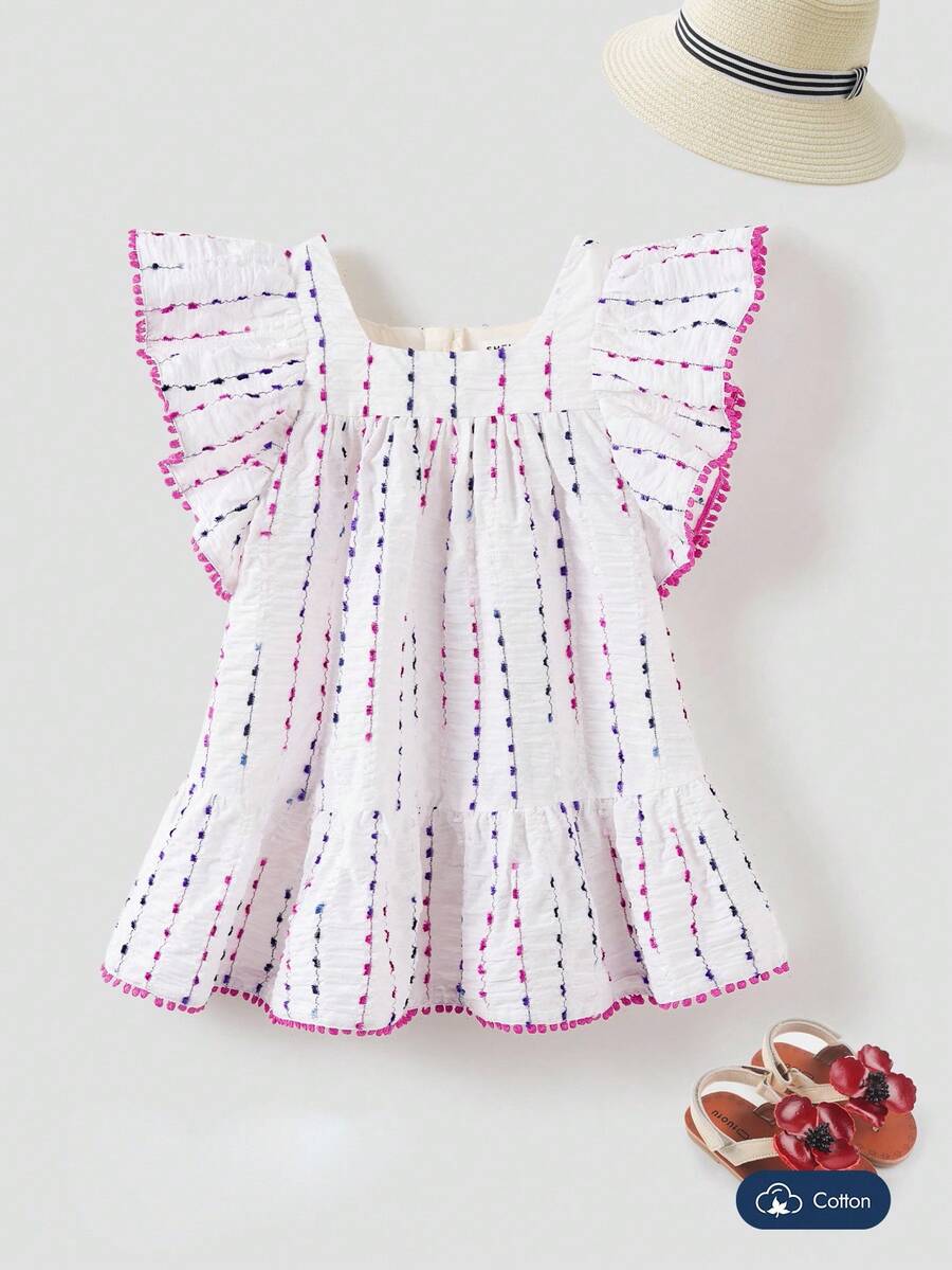 Joliand Joliand 1 pieza Vestido blanco suelto con volantes y ribete de encaje floral fucsia elegante y urbano para bebé niña, adecuado para uso diario casual, viajes, playa, reuniones, fiestas, verano - Blanco - Ver 1