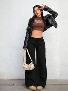 SHEIN Unity Plus Size Women's Fashionable Solid Color Straight Loose Y2K Distressed Baggy Jeans - Black - View 5