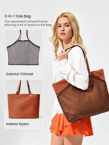 GLOWMODE 17L 3-In-1 Tote Bag Exterior Fishnet Compartment Interior Nylon With Zippered Pocket Daily Casual Workout - Orange - View 3